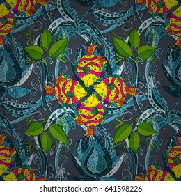 Vector round mandala in childish style. Ornamental doodle gray background. Vector nature seamless pattern with abstract ornament.