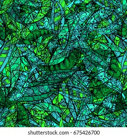 Vector round mandala in childish style. Ornamental doodle green background. Vector nature seamless pattern with abstract ornament.