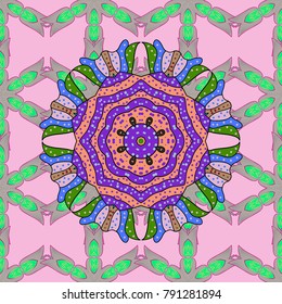 Vector round mandala in childish style. Ornamental doodle neutral, gray and green colors. Vector nature seamless pattern with abstract ornament.