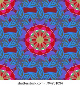 Vector round mandala in childish style. Ornamental doodle blue, violet and red colors. Vector nature seamless pattern with abstract ornament.