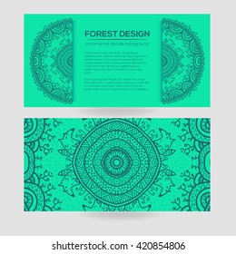 Vector round mandala design in childish style with forest and foxes. Nature print in doodle style.
