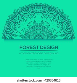 Vector round mandala design in childish style with forest and foxes. Nature print in doodle style.