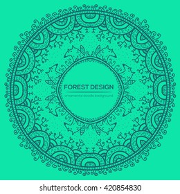 Vector round mandala design in childish style with forest and foxes. Nature print in doodle style.