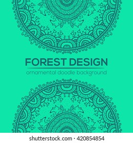 Vector round mandala design in childish style with forest and foxes. Nature print in doodle style.
