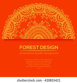 Vector round mandala design in childish style with forest and foxes. Nature print in doodle style.