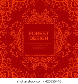 Vector round mandala design in childish style with forest and foxes. Nature print in doodle style.