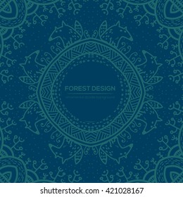 Vector round mandala design in childish style with forest and foxes. Nature print in doodle style.