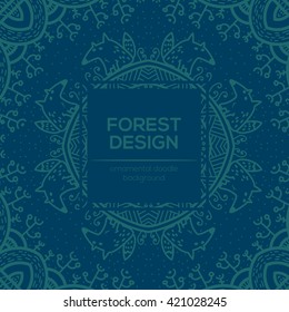 Vector round mandala design in childish style with forest and foxes. Nature print in doodle style.