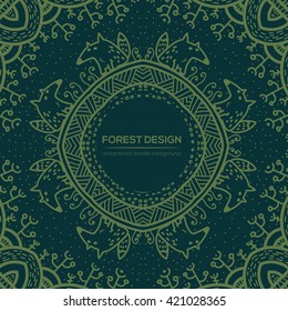 Vector round mandala design in childish style with forest and foxes. Nature print in doodle style.