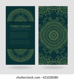 Vector round mandala design in childish style with forest and foxes. Nature print in doodle style.