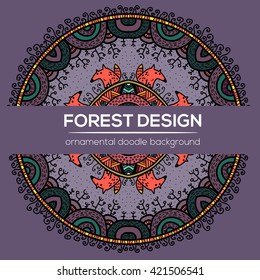 Vector round mandala design in childish style with forest and foxes. Nature print in doodle style.