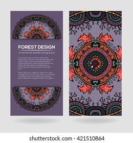 Vector round mandala design in childish style with forest and foxes. Nature print in doodle style.