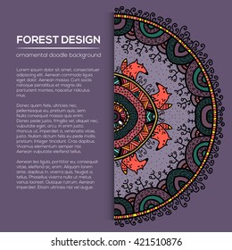 Vector round mandala design in childish style with forest and foxes. Nature print in doodle style.