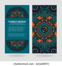 Vector round mandala design in childish style with forest and foxes. Nature print in doodle style.