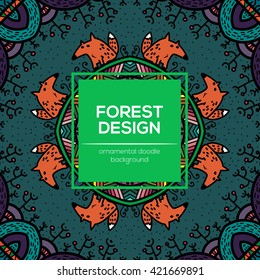 Vector round mandala design in childish style with forest and foxes. Nature print in doodle style.