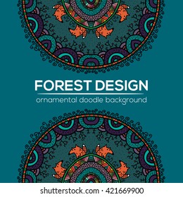 Vector round mandala design in childish style with forest and foxes. Nature print in doodle style.