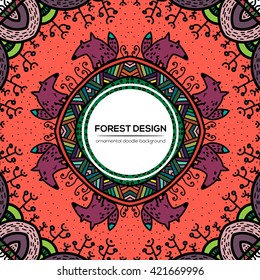 Vector round mandala design in childish style with forest and foxes. Nature print in doodle style.