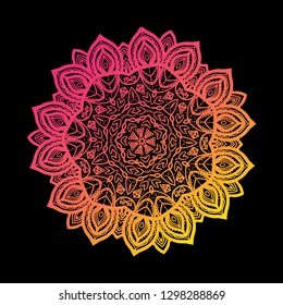Vector round mandala gradient bright colors hand drawing textured card isolated on black background