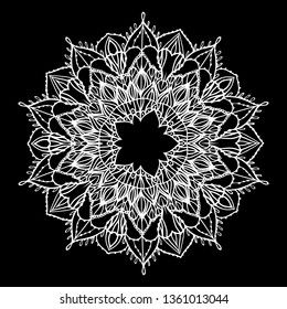 Vector round mandala white hand drawing textured card isolated on black background