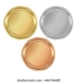 Vector round medal with empty texture of gold, silver, bronze
