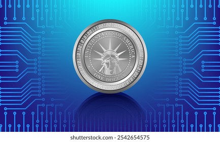 Vetor moeda de prata de metal redondo de um dólar digital dos EUA com estátua de liberdade. Criptomoeda Virtual Americana. Tecnologia de Internet de alta tecnologia para computadores e bancos financeiros.