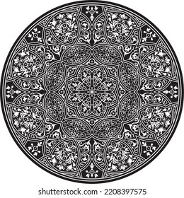 Vektorrund um monochrome arabische nationale Ornamente. endloses GemüseMuster der östlichen Völker Asiens, Afrikas, Persiens, Irans, Iraks.