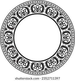 Vector round monochrome black Indian national ornament. Ethnic plant circle, border. Frame, flower ring. Poppies and leaves.
