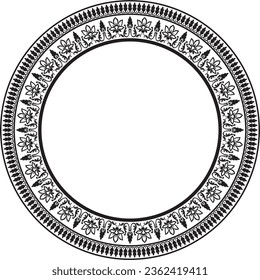Vector round monochrome black Indian national ornament. Ethnic plant circle, border. Frame, flower ring. Poppies and leaves.
