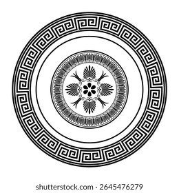 
Vector round monochrome classic frame plate. Greek meander. Patterns of Greece and ancient Rome. Circle european border. Round antique border from Greek. Typical egyptian, assyrian, greek motives 