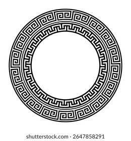 Quadro clássico monocromático redondo vetorial. Quadro redondo grego. Padrão grego. Meandro grego. Padrões da Grécia e da Roma Antiga. Circular a fronteira europeia. Motivos típicos egípcios, assírios e gregos