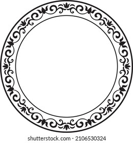 Vector Round Monochrome European Frame. Greek Floral Meander Pattern. Circle With Abstract Floral Roman Ornament.
