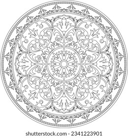 Vector round monochrome floral european national pattern. Ethnic circle ornament of Ancient Greece, Roman Empire. 