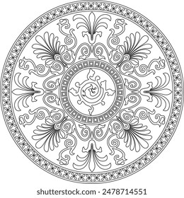 Vector round monochrome floral european national pattern. Ethnic circle ornament of Ancient Greece, Roman Empire.