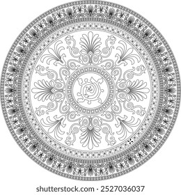 Vector round monochrome floral european national pattern. Ethnic circle ornament of Ancient Greece, Roman Empire. Ethnic circle ornament of Ancient Greece, Roman Empire