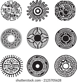 Vector round monochrome Indian character set. Totem in the circle of Native Americans. Signs and symbols of the peoples of South and Central America, Aztec, Maya, Incas.
