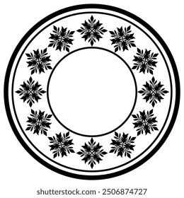 Vector redondo monocromo adorno damasco . Círculo étnico de plantas, frontera. Marco, flor y anillo de hojas. 