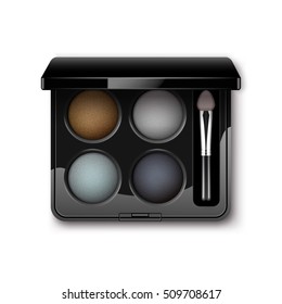 Vector Round MultiColored Light Blue Violet Brown Dark Purple Eye Shadows in Black Rectangular Plastic Case with Makeup Brush Applicator Top View Isolated on White Background