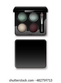 Vector Round MultiColored Pastel Light Cream Blue Turquoise Dark Vinous Eye Shadows in Black Rectangular Plastic Case with Makeup Brush Applicator Top View Isolated on White Background