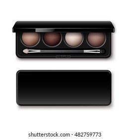 Vector redondeado, pasto multicolor claro crema marrón ojiva sombras de ojos en negro rectangular plástico con la vista superior del aplicador de la escobilla de maquillaje aislado en fondo blanco