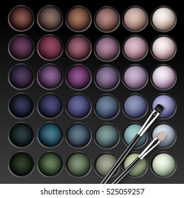 Vector Round MultiColored Pastel Light Brown Cream Ocher Olive Yellow Green Bright Blue Turquoise Pink Violet Vinous Eye Shadows Palette with Makeup Brush Applicator