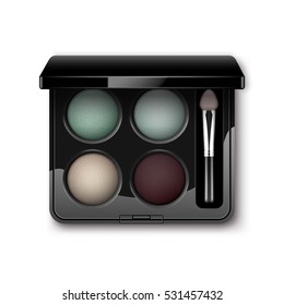 Vector Round MultiColored Pastel Light Cream Blue Turquoise Dark Vinous Eye Shadows in Black Rectangular Plastic Case with Makeup Brush Applicator Top View Isolated on White Background