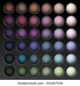 Vector Round MultiColored Pastel Light Brown Cream Ocher Olive Yellow Green Bright Blue Turquoise Pink Violet Vinous Eye Shadows palette