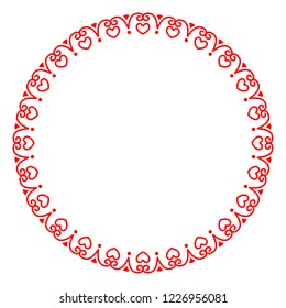 Vector round narrow red frame with hearts and flourish in the classic linear style. For decorating wedding invitation cards, romantic Valentine day love cards, labels and covers
