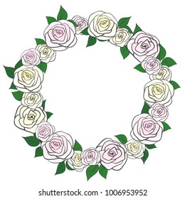 Vector round natural wreath of delicate roses of pastel shades (pink, yellow) and green leaves with a dark outline drawn by hand.