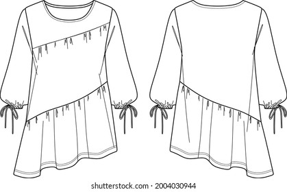 Vector round neck asymmetric blouse fashion CAD, woman oversized top with bow details technical drawing, template, sketch, flat. Jersey or woven fabric blouse with front, back view, white color