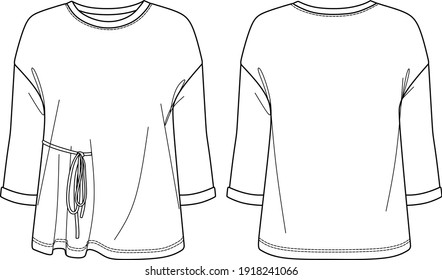 Vector round neck blouse fashion CAD, woman long sleeved T-Shirt technical drawing, sketch, template, flat, mock up. Jersey or woven fabric blouse with front, back view, white color