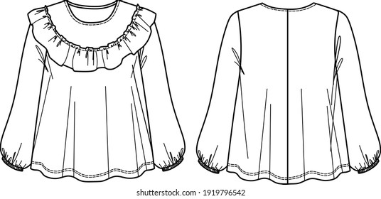 Vector round neck blouse technical drawing, woman a shaped top with flounced tier detail sketch, fashion CAD, template