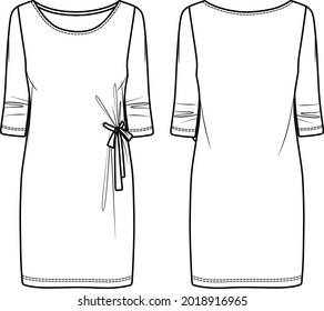Vector round neck long sleeved dress fashion CAD, slim fit mini dress with eyelets, bow detail technical drawing, sketch, template, flat. Jersey or fleece fabric dress with front, back view, white col