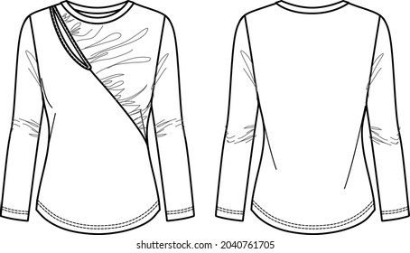 Vector round neck long sleeved top fashion CAD, woman winter t shirt technical drawing, top with frill and cut-out detail flat, template, sketch. Jersey blouse with front, back view, white color