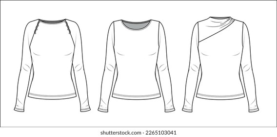 Camiseta de manga larga de cuello redondo vectorial moda CAD, mujer top de invierno con detalles frioleros dibujo técnico, plantilla, sketch, plano, burla. Tejido de Jersey o costilla superior con vista frontal, trasera, color blanco